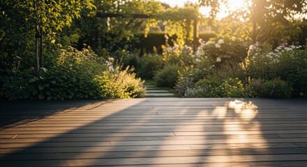 Fototapeta premium Sunlit Wooden Deck Leading To Lush Garden With Stone Steps And Pergola