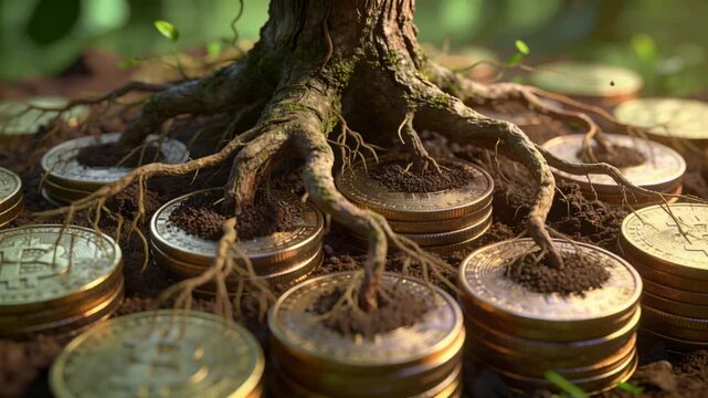 Moving camera revealing tree trunk roots pressing on Bitcoin coin stacks on forest floor, anchoring