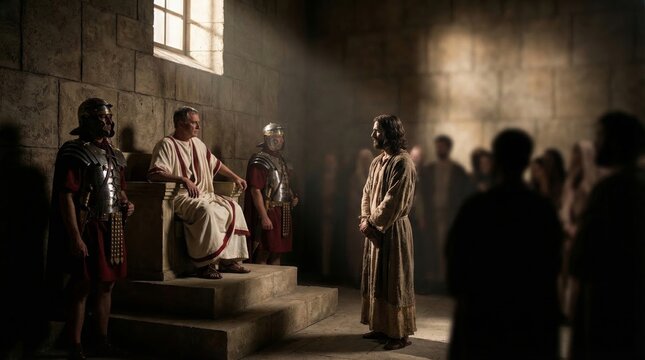Jesus standing before Pontius Pilate in ancient roman courtroom. Roman governor sitting on throne with soldier guard. Biblical trial scene, religious event, historical drama concept.