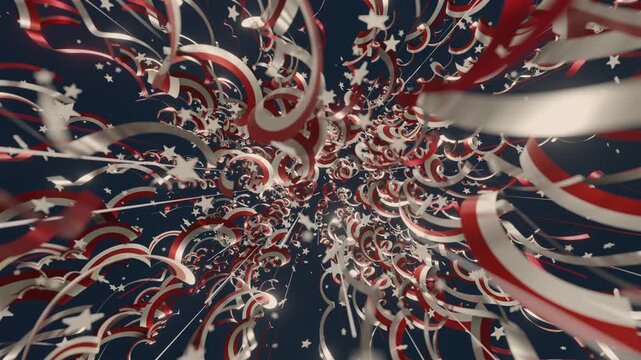 4k Seamless loop of abstract patriotic ribbons and stars for national celebration backdrop, VJ sets, high-tech club visuals,  electronic music festivals, stage screens and for LED video walls