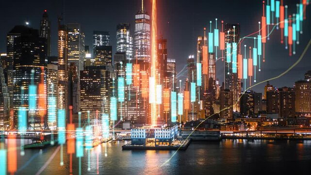 Animating candles and MA lines shifting right over waterfront skyline, orange spike showing rally