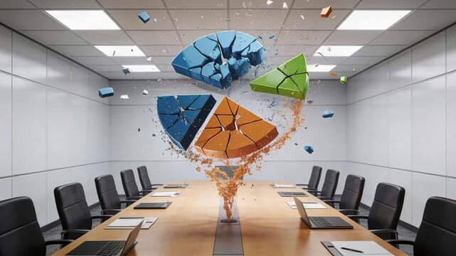Rising colored column from table initiating pie chart cracking above conference table, with laptops