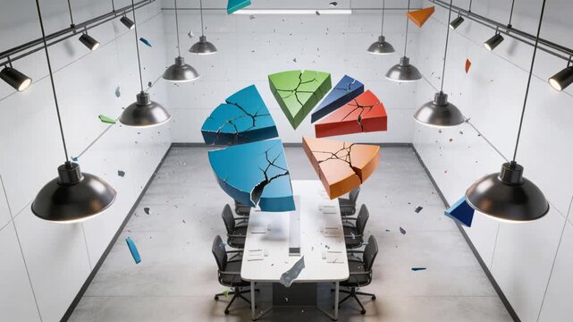 Central flash sending colorful 3D pie chart fracturing above conference table, scattered shards