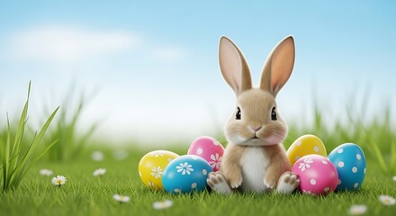 Fototapeta premium Easter bunny with decorated eggs on green grass under blue sky