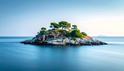 Naklejka premium Rocky Small Island in Calm Blue Sea Under Clear Sky