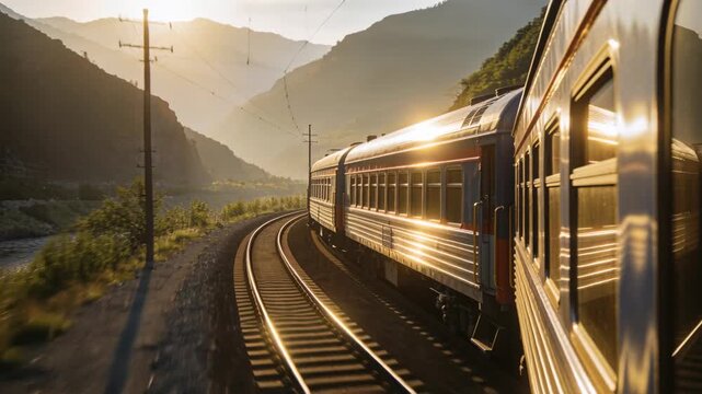 Train entering left curve as camera tracking silver train cars beside river, sunlight reflecting