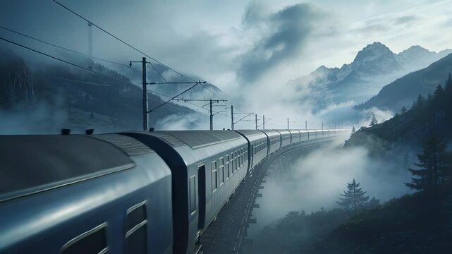 Headlights piercing fog, emerging silver train carrying people along high bridge, pantograph raised