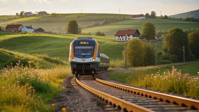Camera panning showing passenger train rounding single track through fields, carrying passengers