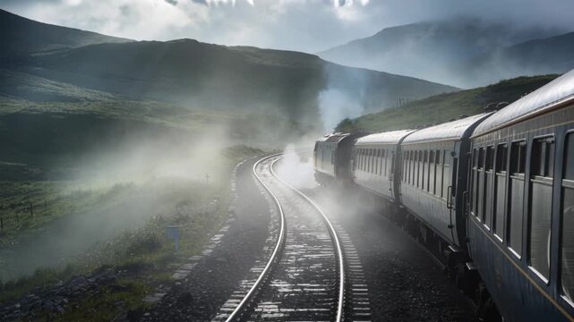Tracking passenger train moving along curving rails through misty hills, smoke trailing, copy space