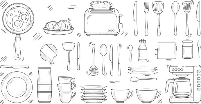 Hand drawn kitchen utensils and tableware collection with toaster, coffee machine, cups, plates and cutlery sketch vector illustration set