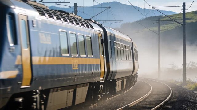 Emerging at sunrise lead car with yellow front moving along curved tracks in misty valley, catenary