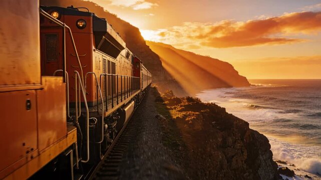 Freight locomotive entering frame along cliffside, hauling cargo while sunbeams lighting metal