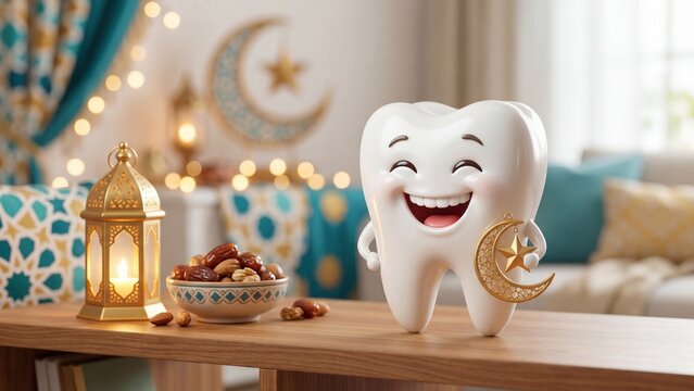 Smiling white tooth character holding golden crescent moon. Ramadan oral care celebration with lantern and dates. Fun dental health concept in festive setting