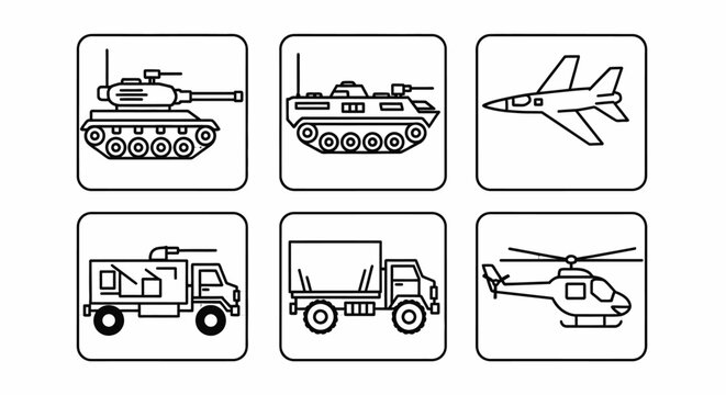 Military Vehicles Icons Set: Tank, APC, Jet, Truck, Helicopter, Cargo Truck