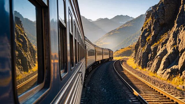 Right-hand curve guiding metallic train coaches moving along mountain railway, reflecting sunlight