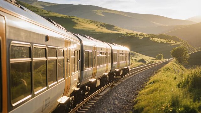 Following silver train appearing left, moving along curved track through hills, sunlit carriages
