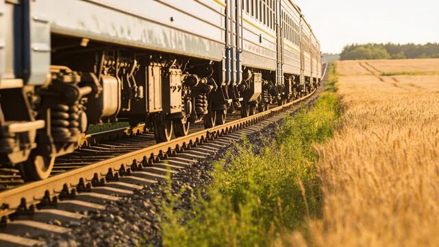Entering frame, passenger train rolling along farm track, for passengers, showing bogies and wheat