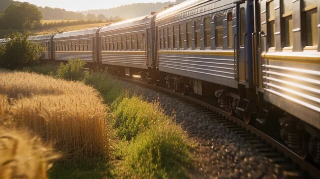 Entering frame, long train passing beside golden wheat, silver carriages reflecting sunlight
