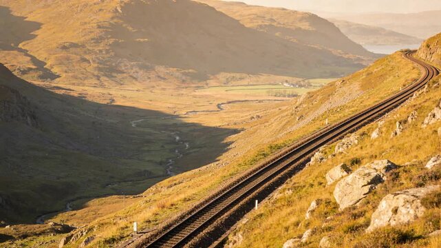 Entering shot, passenger train racing along curved track through sunlit mountain valley on schedule