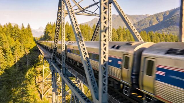 Traveling train carrying people across truss bridge in mountain valley, camera tracking pantograph