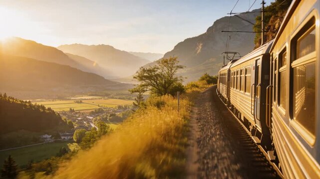 Camera tracking passenger train rounding right bend along alpine line, showing catenary, copy space