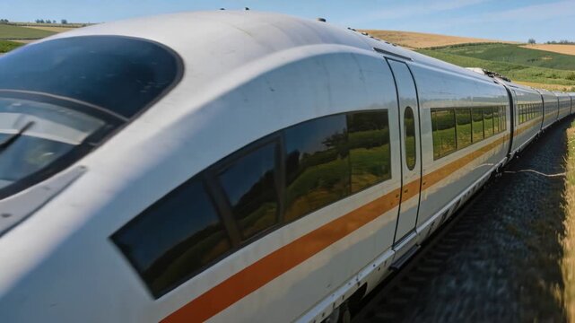 Entering frame white orange-striped high-speed train moving on rural track, passing crops, hills