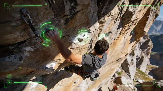 Climbing male climber in harness reaching left hand on limestone cliff, guided by green HUD markers