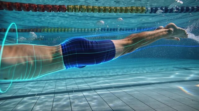 Gliding swimmer in cap jammers rotating and kicking training in pool with teal overlay lane ropes