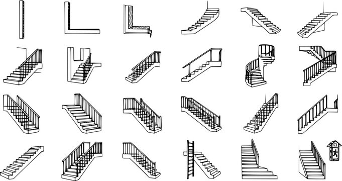 Detailed Hand-Drawn Sketches of Various Staircase Designs and Types, including Straight, L-Shape, U-Shape, Curved, and Spiral Stairs