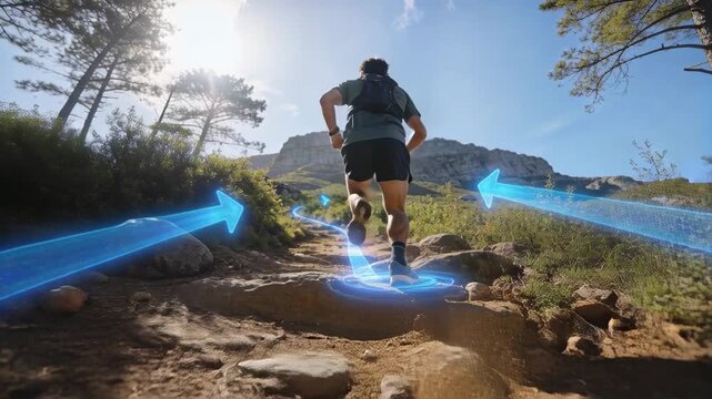 Running male in shorts ascending rocky trail with glowing path appearing, arrows guiding to peak