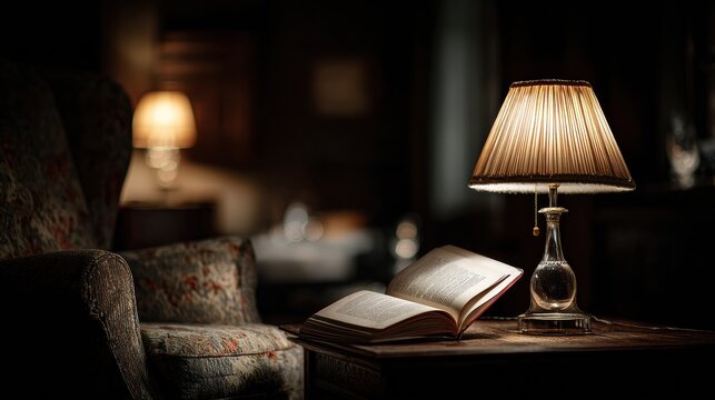 Midnight Reading at a Table With a Lamp Illuminating an Open Book in a Dimly Lit Room Creating a Cozy Atmosphere for Quiet Moments