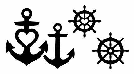Black silhouettes of two anchors, one with a heart, and two ship's wheels, one with a heart, representing nautical love and maritime themes. © Ira Project
