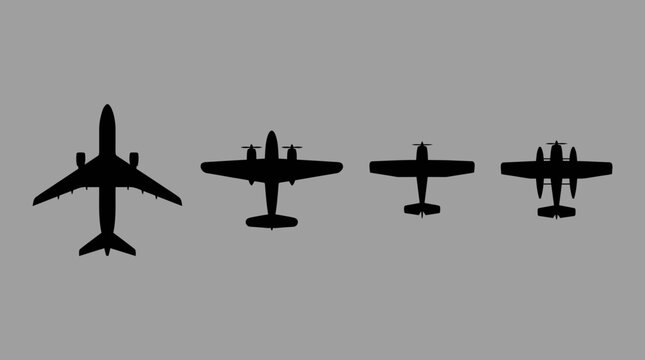 Silhouettes of four different types of airplanes, ranging from a large passenger jet to smaller propeller aircraft, against a plain grey background.