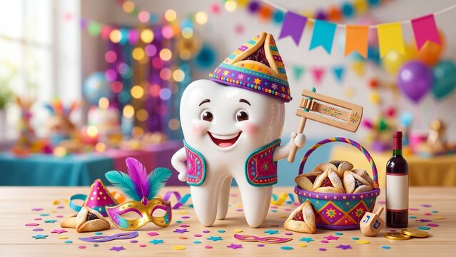 Smiling cartoon tooth character in Purim costume holding wooden rattle. Festive dental mascot with hamantaschen basket wine bottle and dreidels. Jewish holiday celebration promoting oral health and