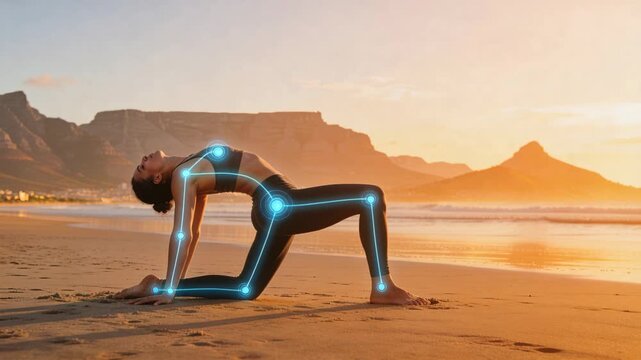 Planting hands, woman in black activewear lifting into backbend for mobility on sand, joint overlay