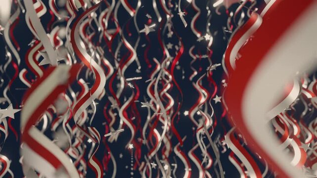 4k Seamless loop of abstract patriotic ribbons and stars for national celebration backdrop, VJ sets, high-tech club visuals,  electronic music festivals, stage screens and for LED video walls