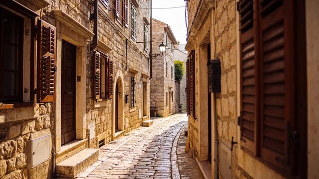 Sequence starting, camera pushing down narrow alley in Mediterranean town to reveal shutters, lamp