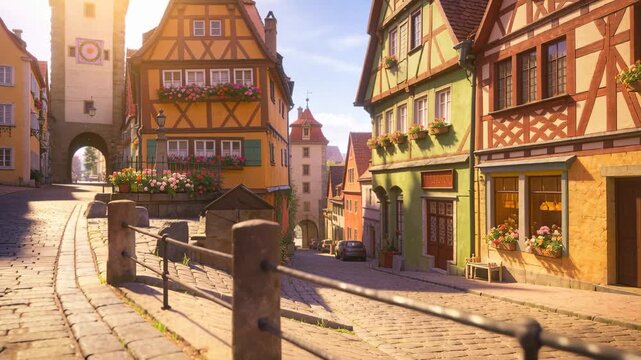 Panning camera moving along historic cobbles past half-timbered houses, revealing facades and arch