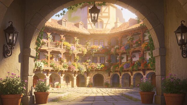 Pulling back camera revealing sunlit floral courtyard at cobblestone plaza, emphasizing balconies