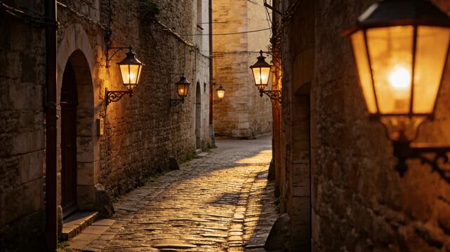 Pulling back, camera revealing right wall lantern glowing to reveal winding cobble path, copy space