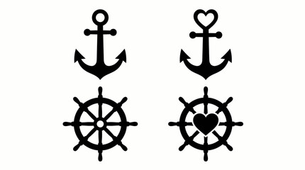 Black silhouette nautical symbols featuring anchors and ship's wheels, with one set incorporating heart motifs for a romantic touch. © Ira Project