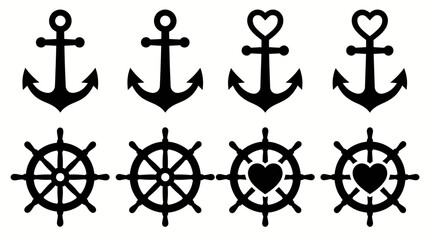 Set of black silhouette nautical symbols including anchors and ship wheels, some with heart details. © Ira Project