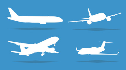 Naklejka premium Four white airplane silhouettes on a blue background, depicting various aircraft types in different flight stages and positions.