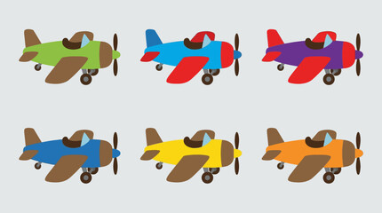 Six colorful cartoon airplanes with propellers and landing gear, arranged in two rows on a light gray background, perfect for children's themes. © Ira Project