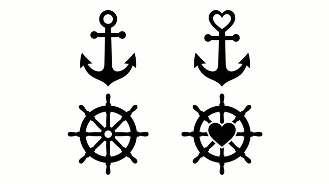 Black silhouette nautical symbols featuring anchors and ship's wheels, with one set incorporating heart motifs for a romantic touch.