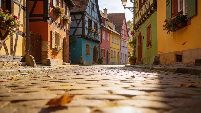 Breeze lifting dry leaves and camera moving forward along cobblestone street, revealing facades