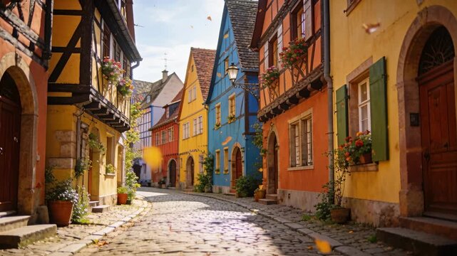 Stirring breeze moving leaves across cobblestone street lined half timbered houses, revealing doors