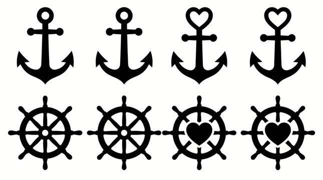 Set of black silhouette nautical symbols including anchors and ship wheels, some with heart details.