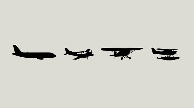 Silhouettes of various aircraft types including a commercial airliner, a small propeller plane, a monoplane, and a seaplane on a light background.