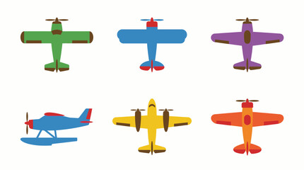 A collection of six colorful cartoon airplanes, including biplanes, monoplanes, and a seaplane, depicted from various aerial and side views. © Ira Project
